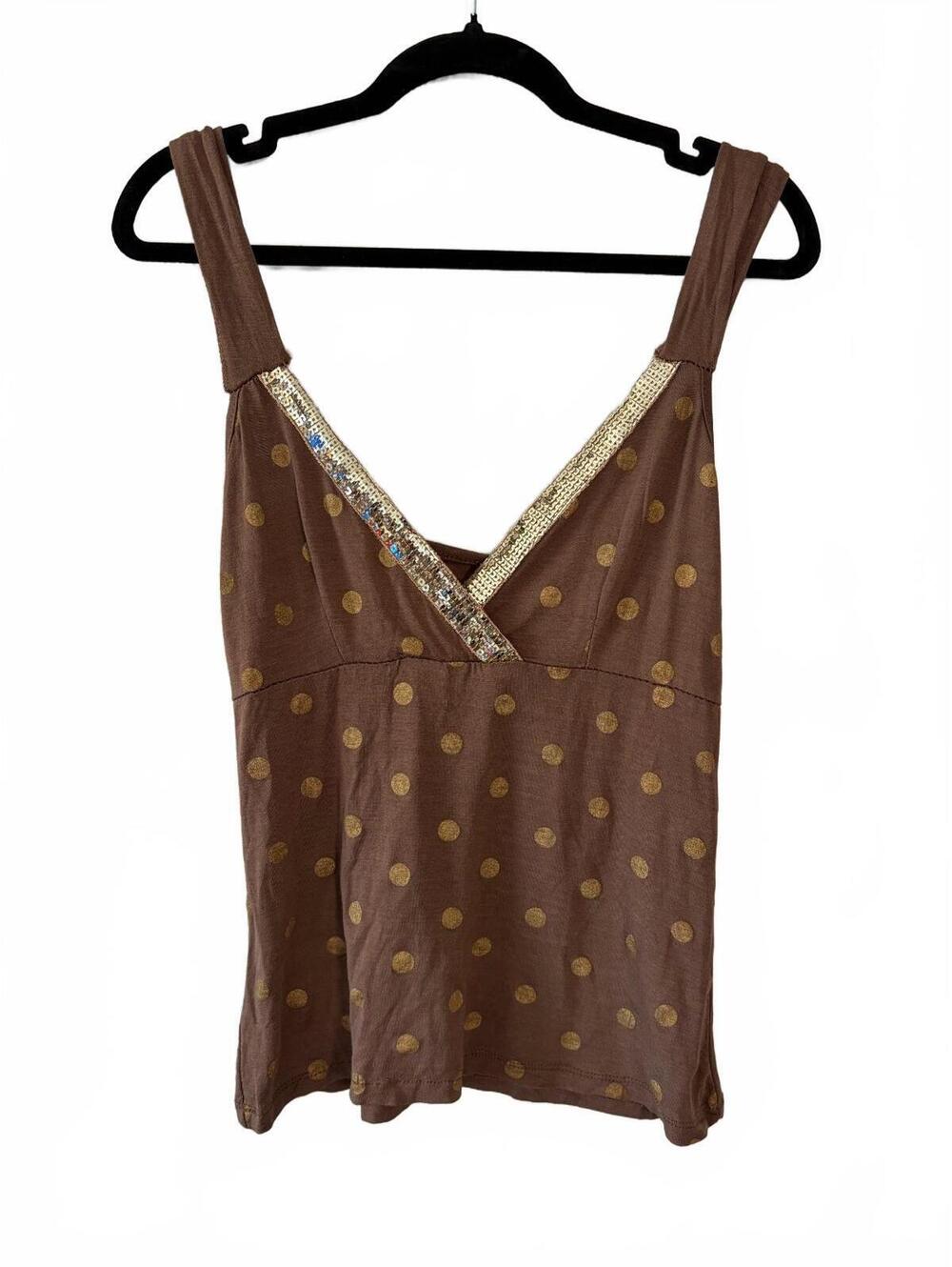 Womens Euro V-Neck Tank Top Brown Gold Polka Dot Sequin Trim Stretch Size S